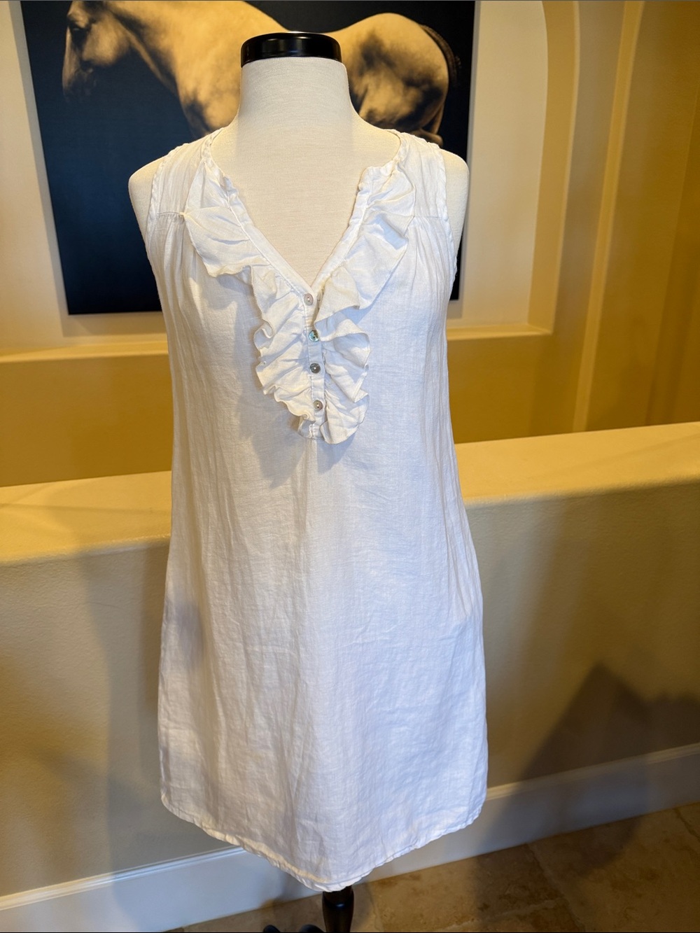 Allen Allen White Sleeveless Ruffle V-Neck Linen Dress